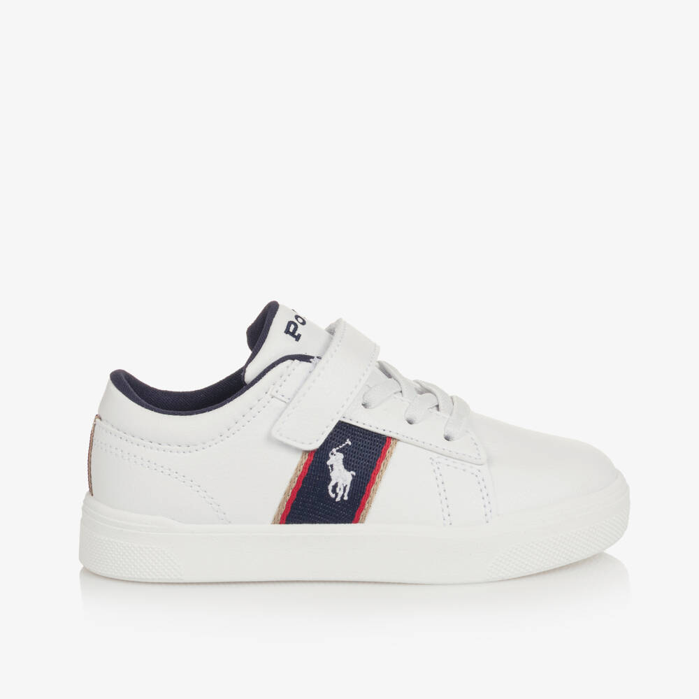Ralph Lauren-Boys White Faux Leather Velcro Trainers with Navy Panels | Childrensalon