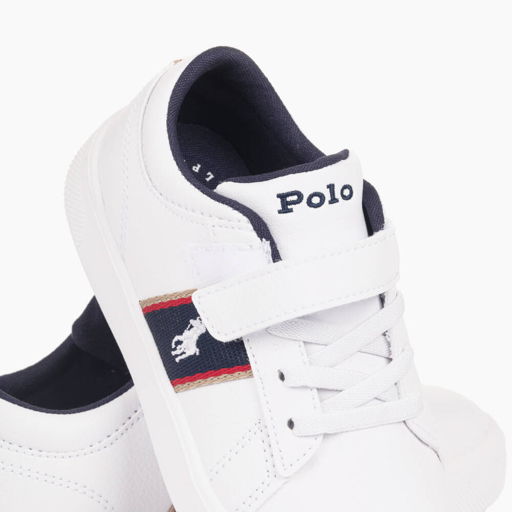 Ralph Lauren-Boys White Faux Leather Velcro Trainers with Navy Panels | Childrensalon