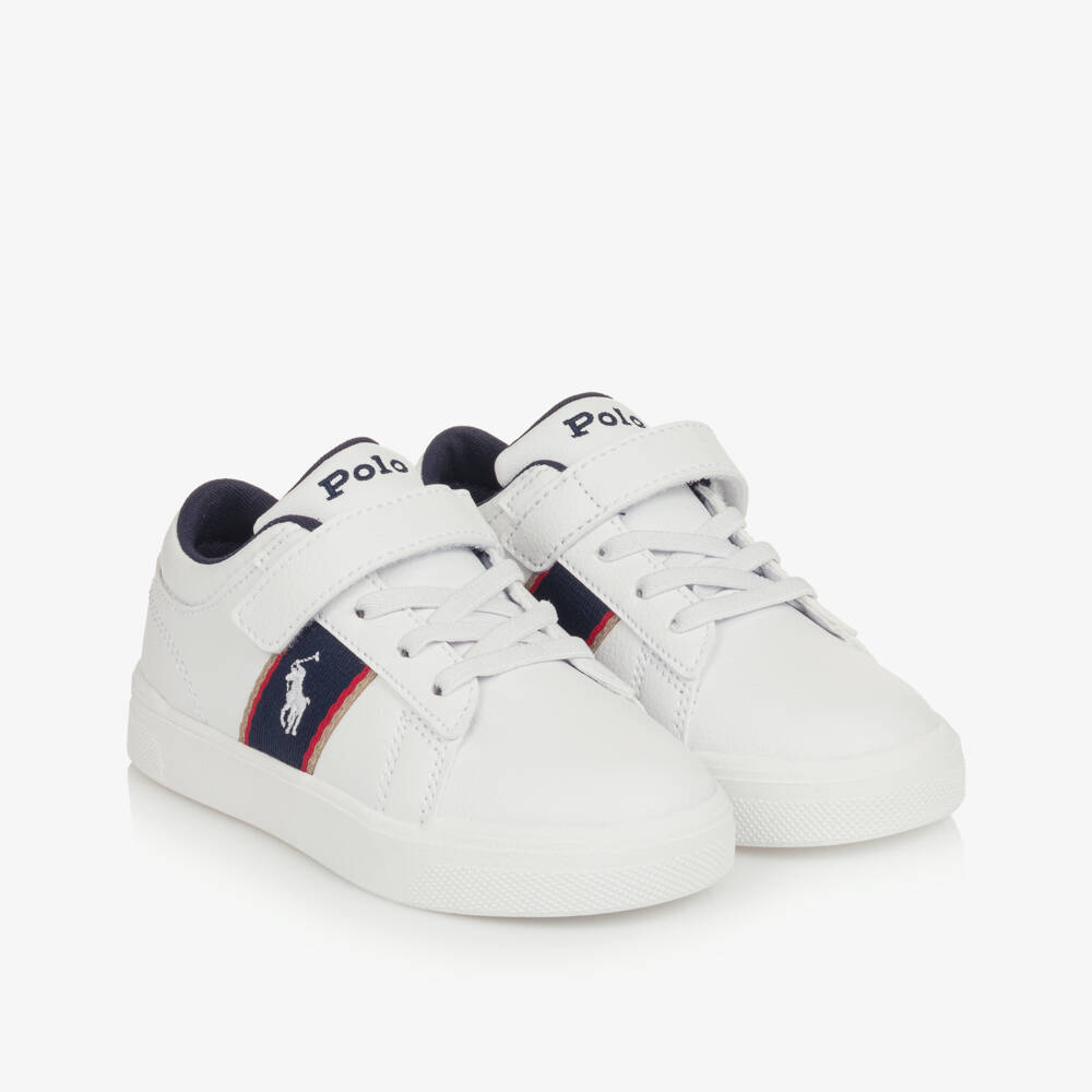 Ralph Lauren-Boys White Faux Leather Velcro Trainers with Navy Panels | Childrensalon