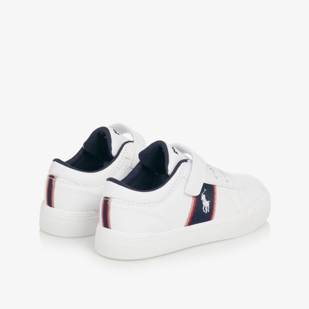 Ralph Lauren-Boys White Faux Leather Velcro Trainers with Navy Panels | Childrensalon