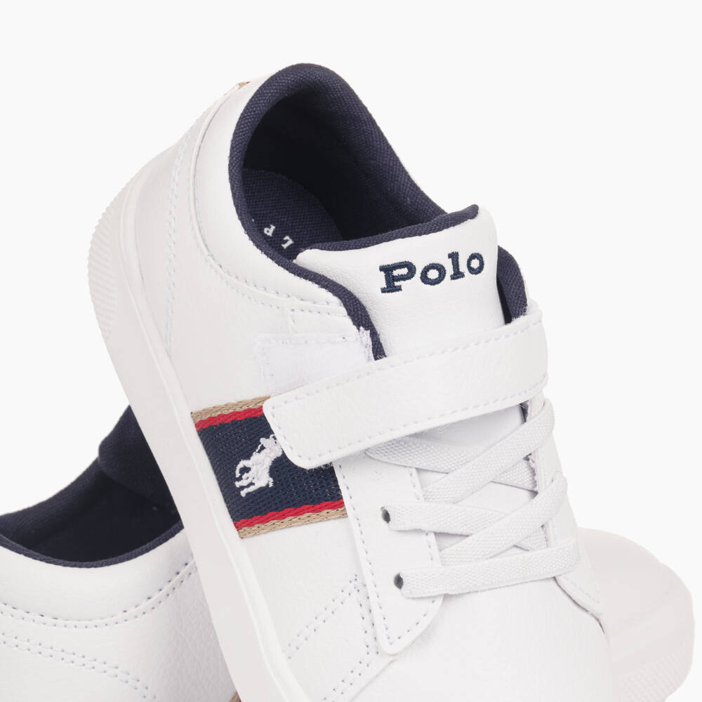 Ralph Lauren-Boys White Faux Leather Velcro Trainers with Navy Panels | Childrensalon