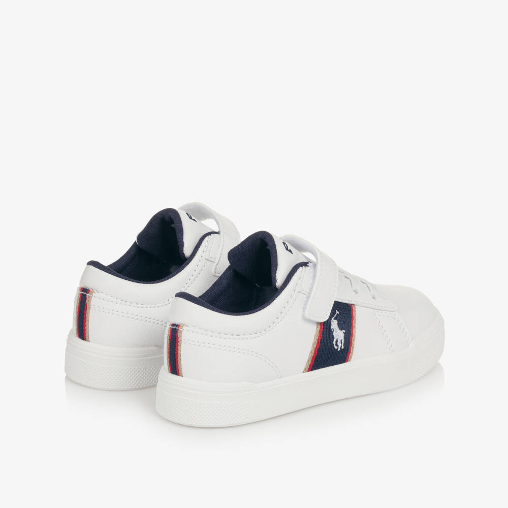 Ralph Lauren-Boys White Faux Leather Velcro Trainers with Navy Panels | Childrensalon