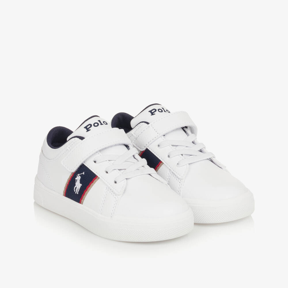 Ralph Lauren-Boys White Faux Leather Velcro Trainers with Navy Panels | Childrensalon