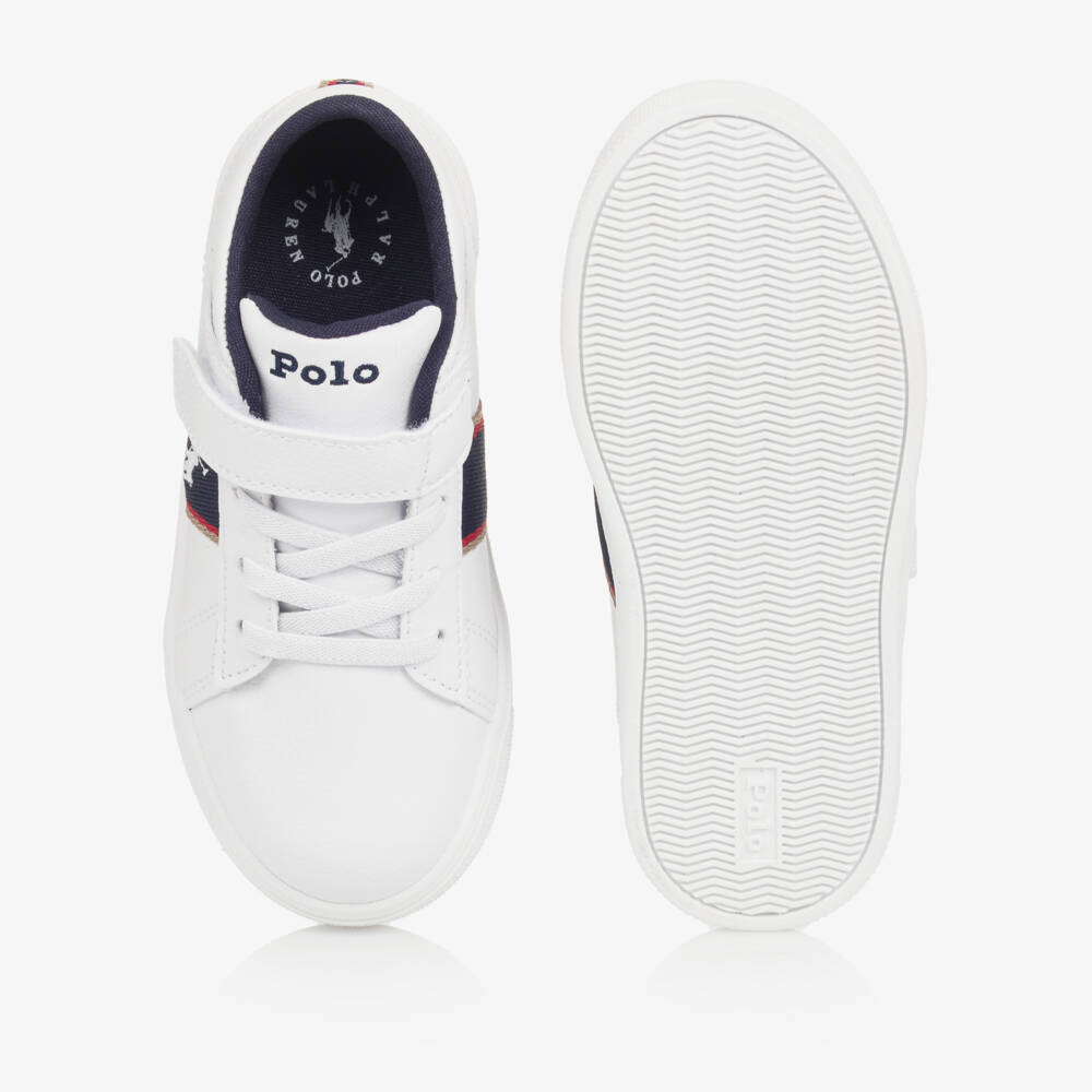 Ralph Lauren-Boys White Faux Leather Velcro Trainers with Navy Panels | Childrensalon