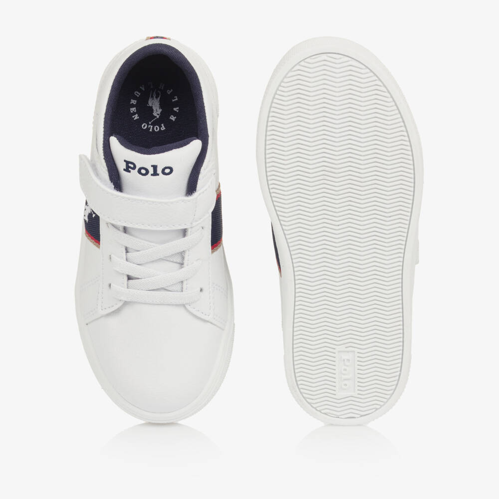 Ralph Lauren-Boys White Faux Leather Velcro Trainers with Navy Panels | Childrensalon
