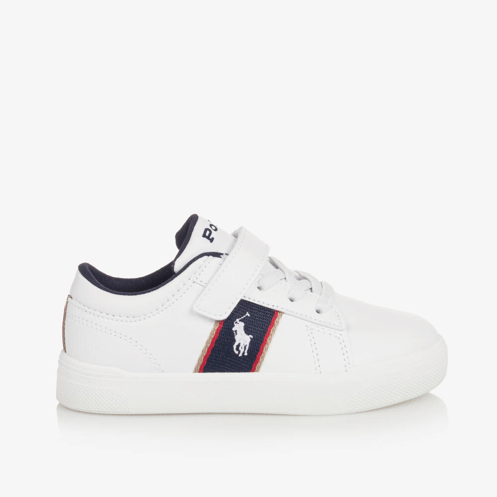 Ralph Lauren-Boys White Faux Leather Velcro Trainers with Navy Panels | Childrensalon