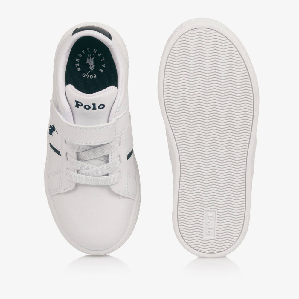 Ralph Lauren-Boys White Faux Leather Velcro Trainers with Navy Trims | Childrensalon