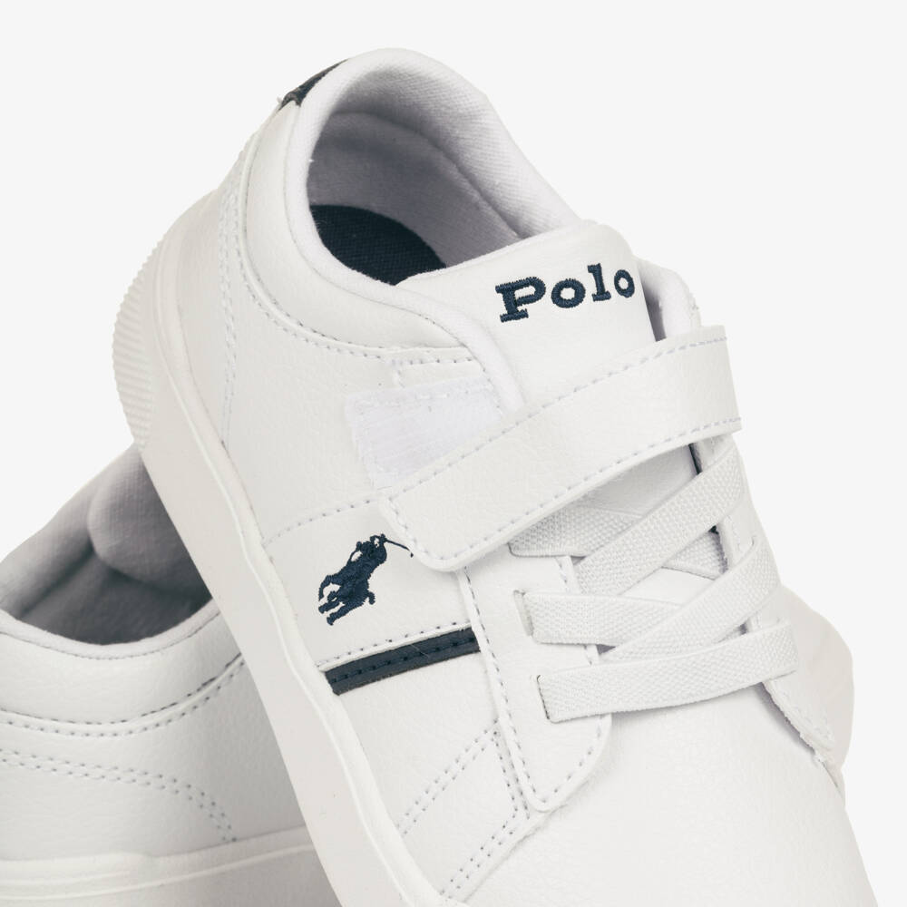 Ralph Lauren-Boys White Faux Leather Velcro Trainers with Navy Trims | Childrensalon