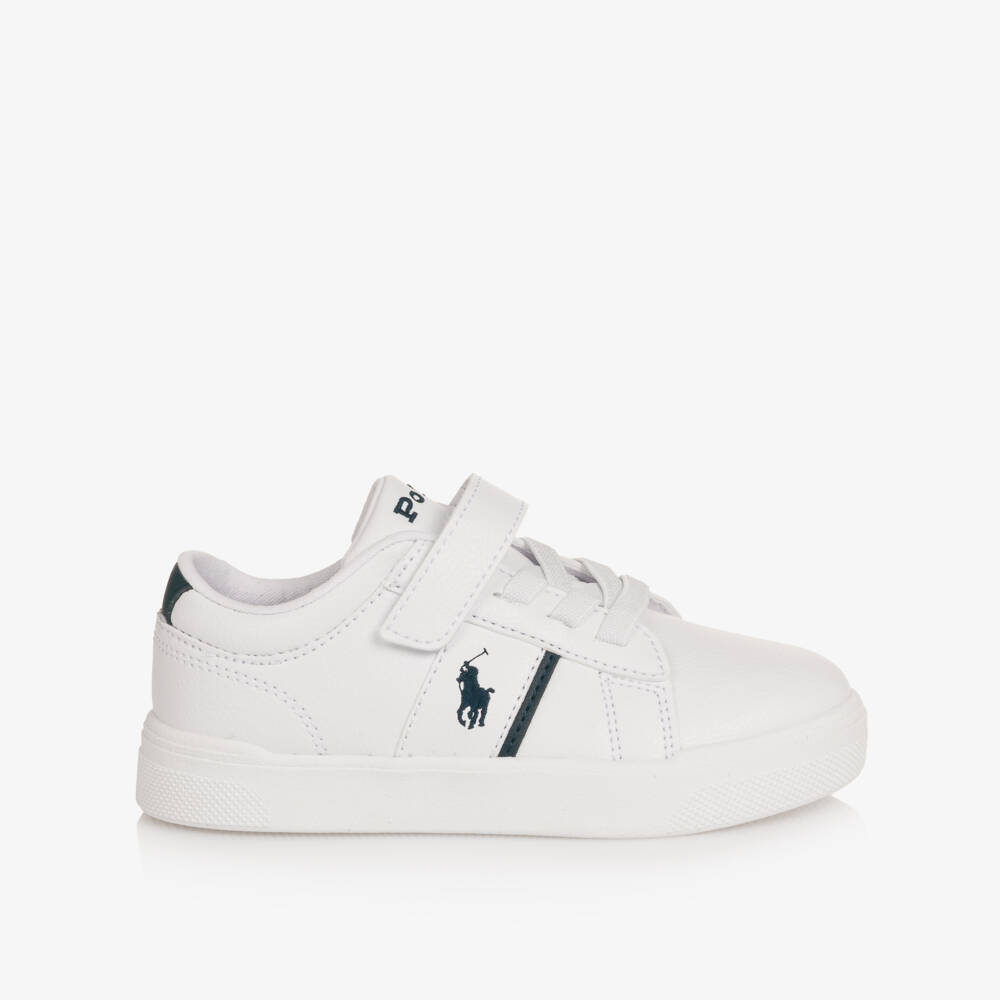 Ralph Lauren-Boys White Faux Leather Velcro Trainers with Navy Trims | Childrensalon