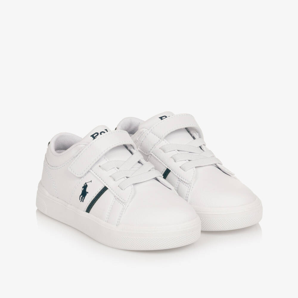 Ralph Lauren-Boys White Faux Leather Velcro Trainers with Navy Trims | Childrensalon