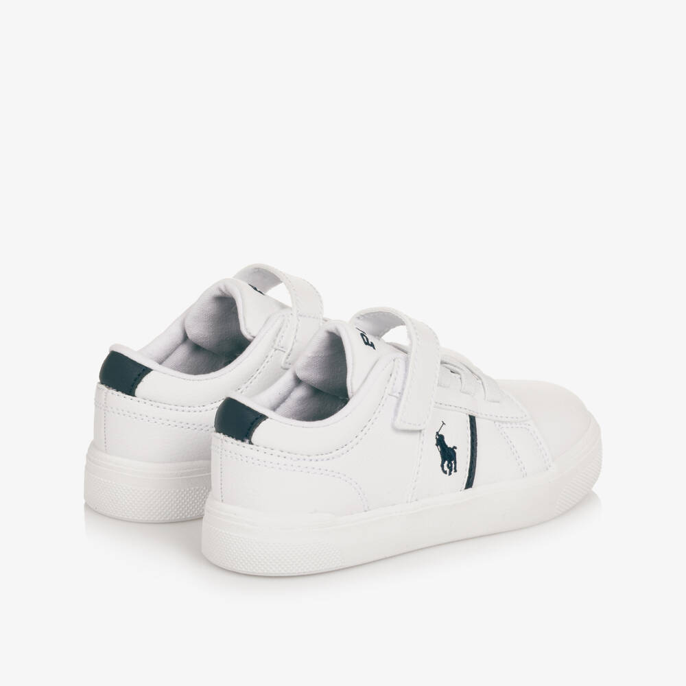 Ralph Lauren-Boys White Faux Leather Velcro Trainers with Navy Trims | Childrensalon