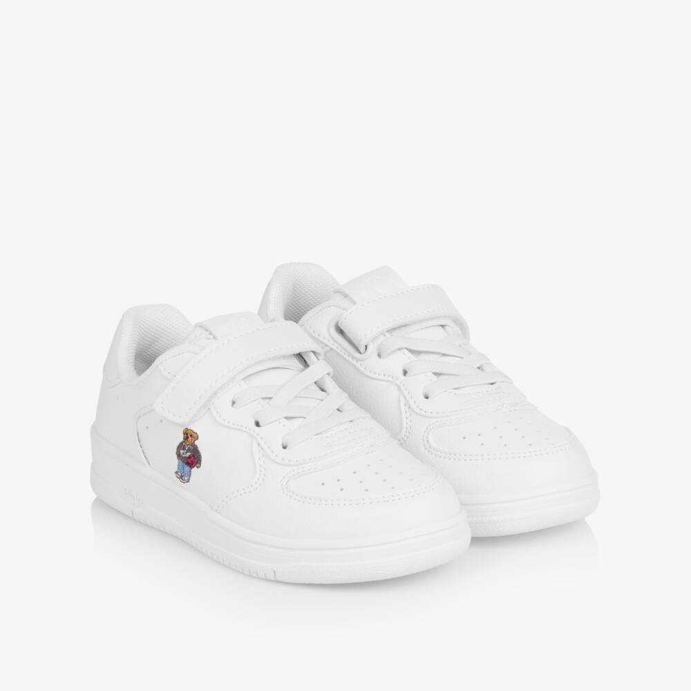 Ralph Lauren-Boys White Faux Leather Velcro Trainers with Polo Bear | Childrensalon