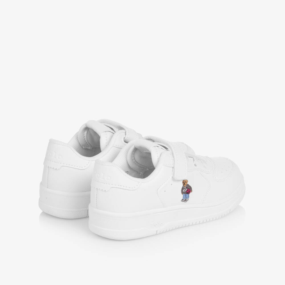 Ralph Lauren-Boys White Faux Leather Velcro Trainers with Polo Bear | Childrensalon