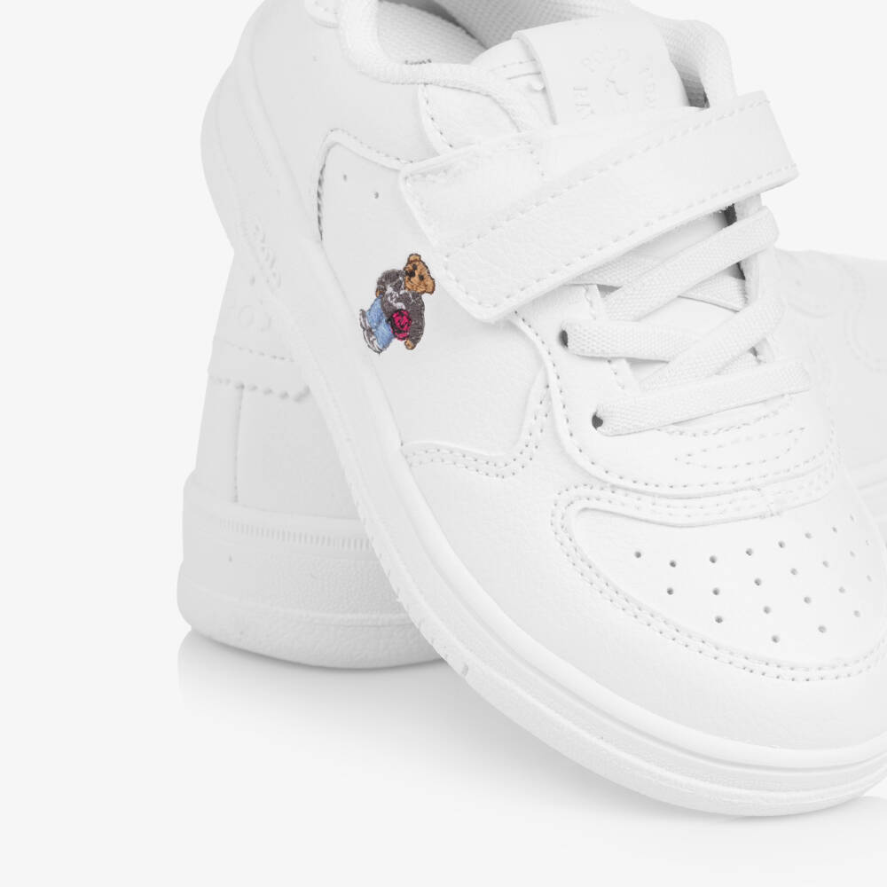 Ralph Lauren-Boys White Faux Leather Velcro Trainers with Polo Bear | Childrensalon