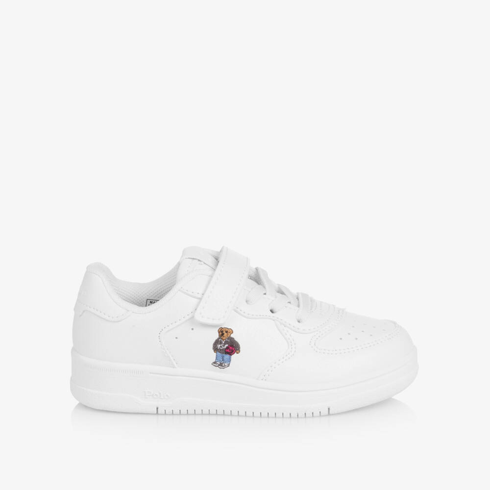 Ralph Lauren-Boys White Faux Leather Velcro Trainers with Polo Bear | Childrensalon