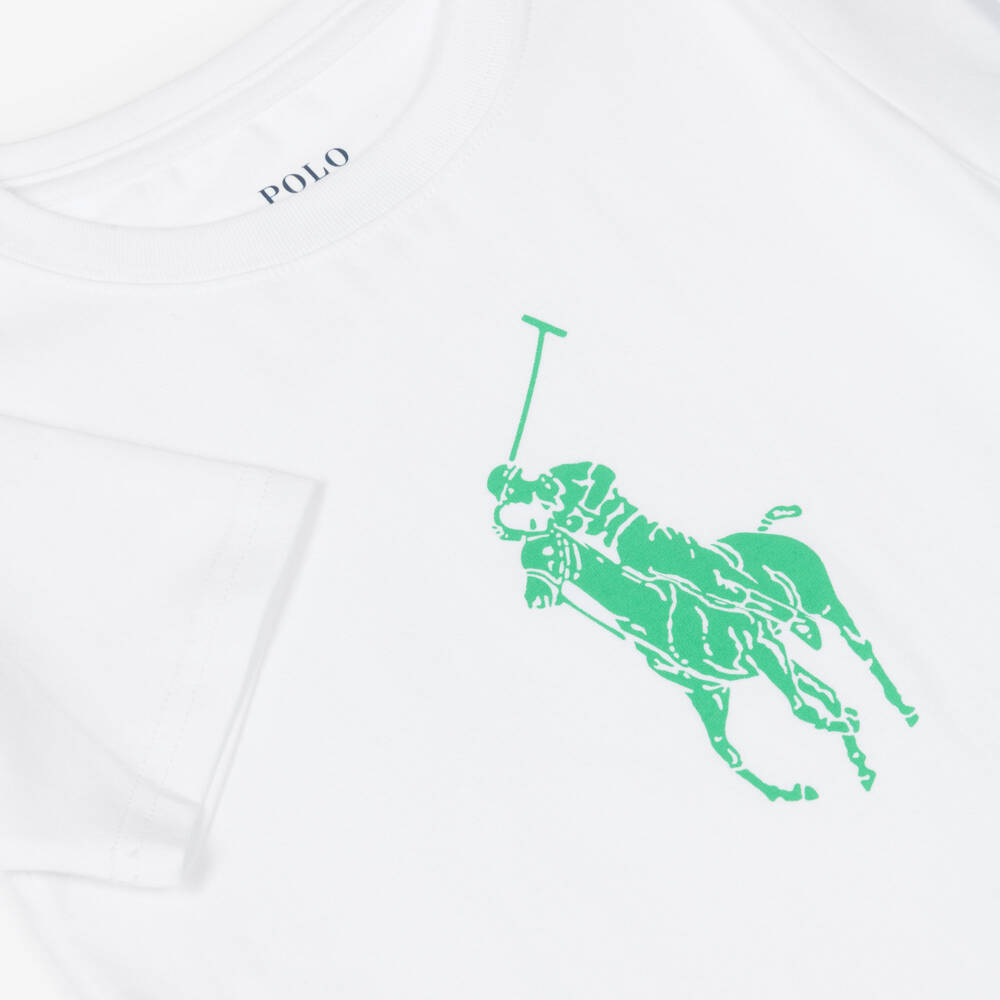 Ralph Lauren-Boys White & Green Cotton Short Pyjamas with Big Pony Logo | Childrensalon