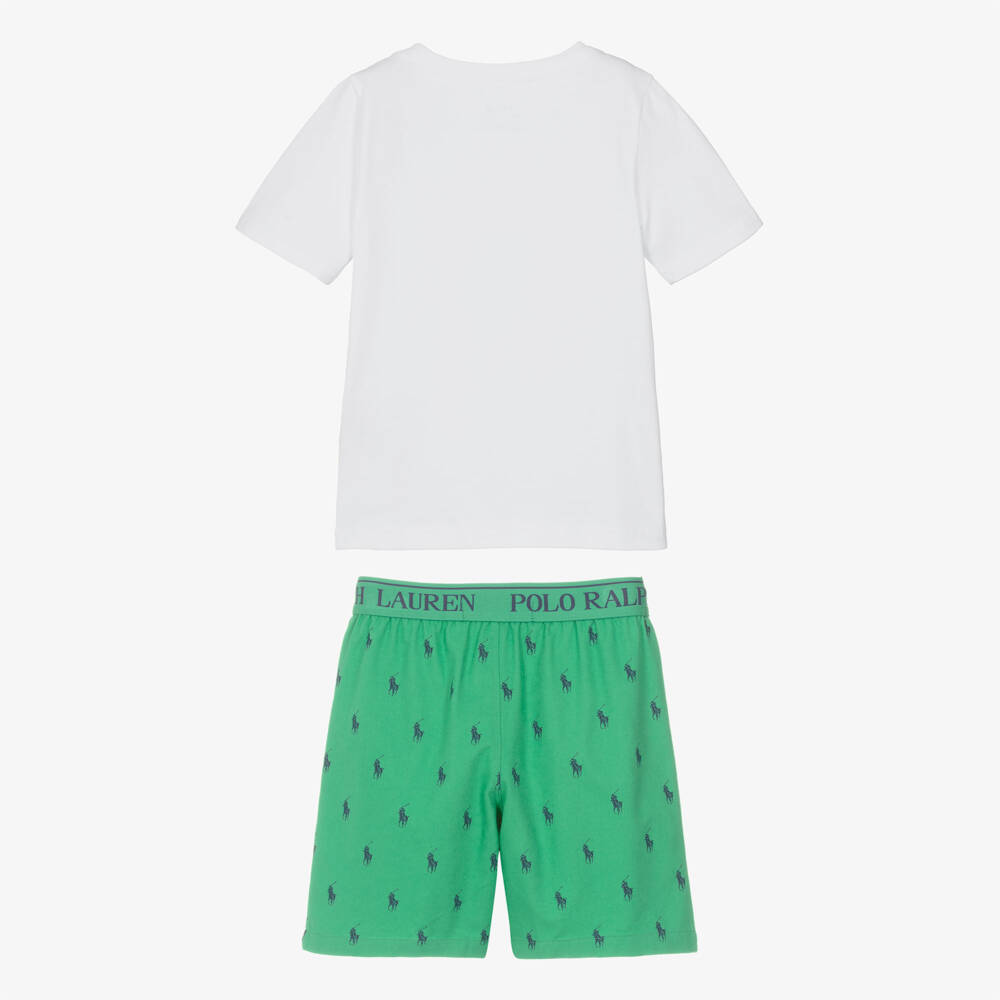 Ralph Lauren-Boys White & Green Cotton Short Pyjamas with Big Pony Logo | Childrensalon