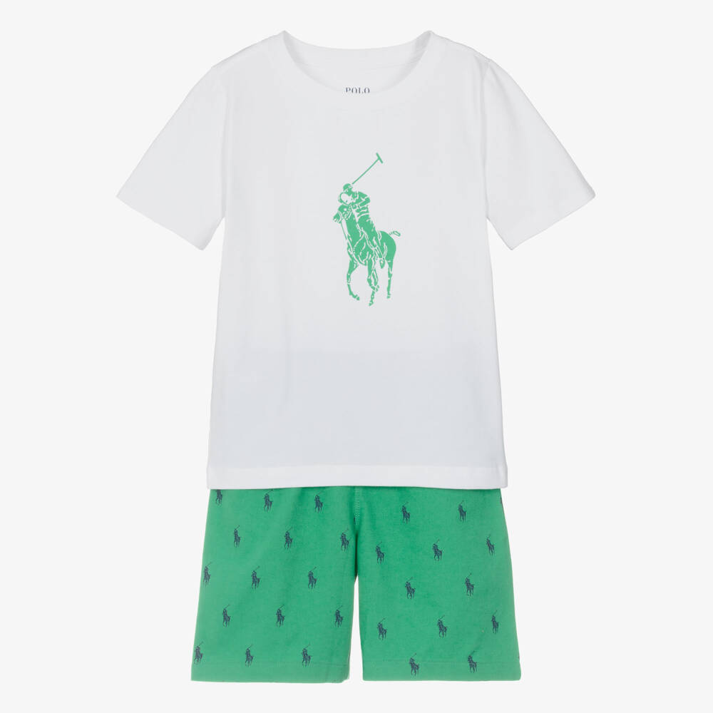 Ralph Lauren-Boys White & Green Cotton Short Pyjamas with Big Pony Logo | Childrensalon