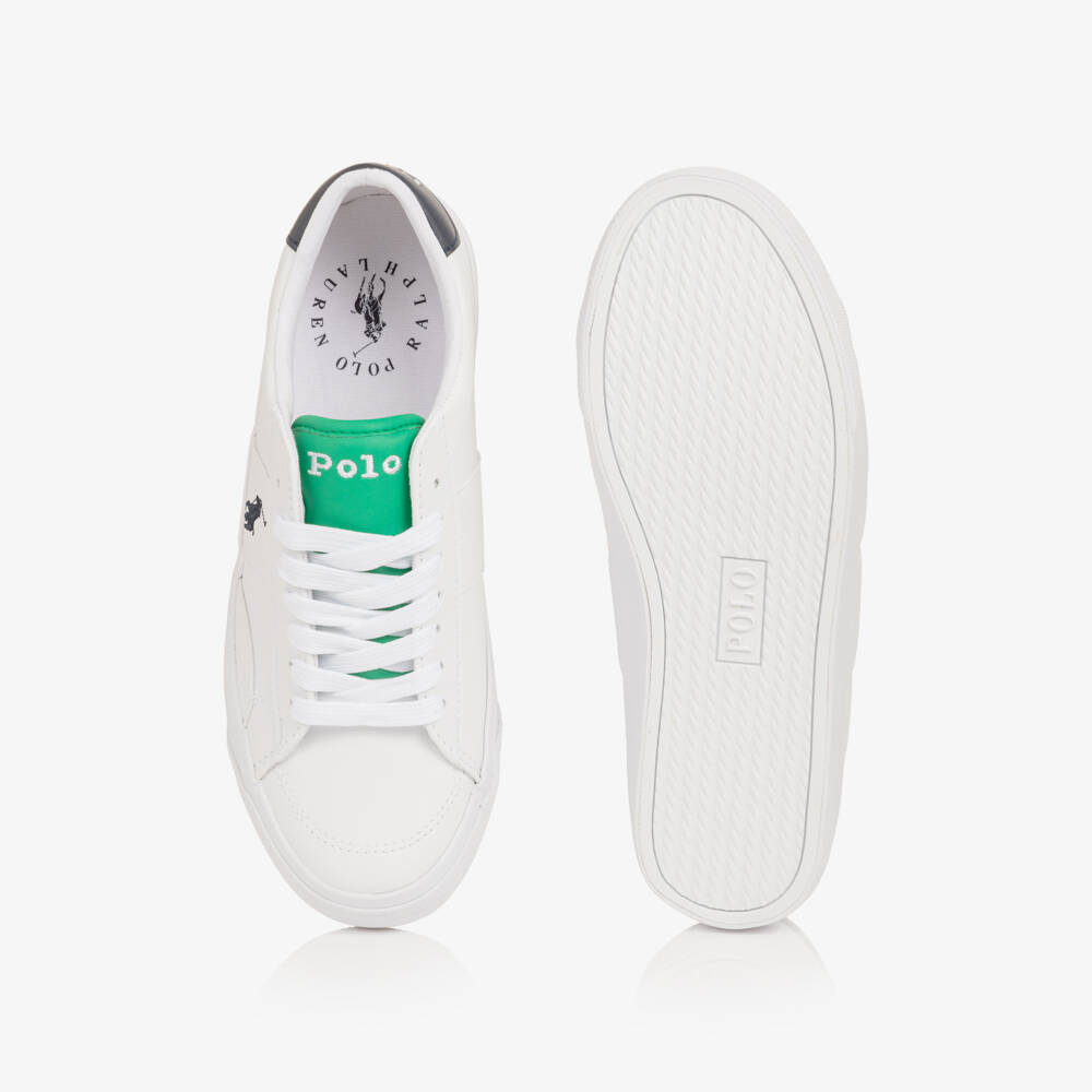 Ralph Lauren-Boys White & Green Faux Leather Lace-Up Trainers | Childrensalon