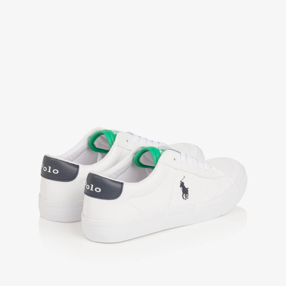 Ralph Lauren-Boys White & Green Faux Leather Lace-Up Trainers | Childrensalon