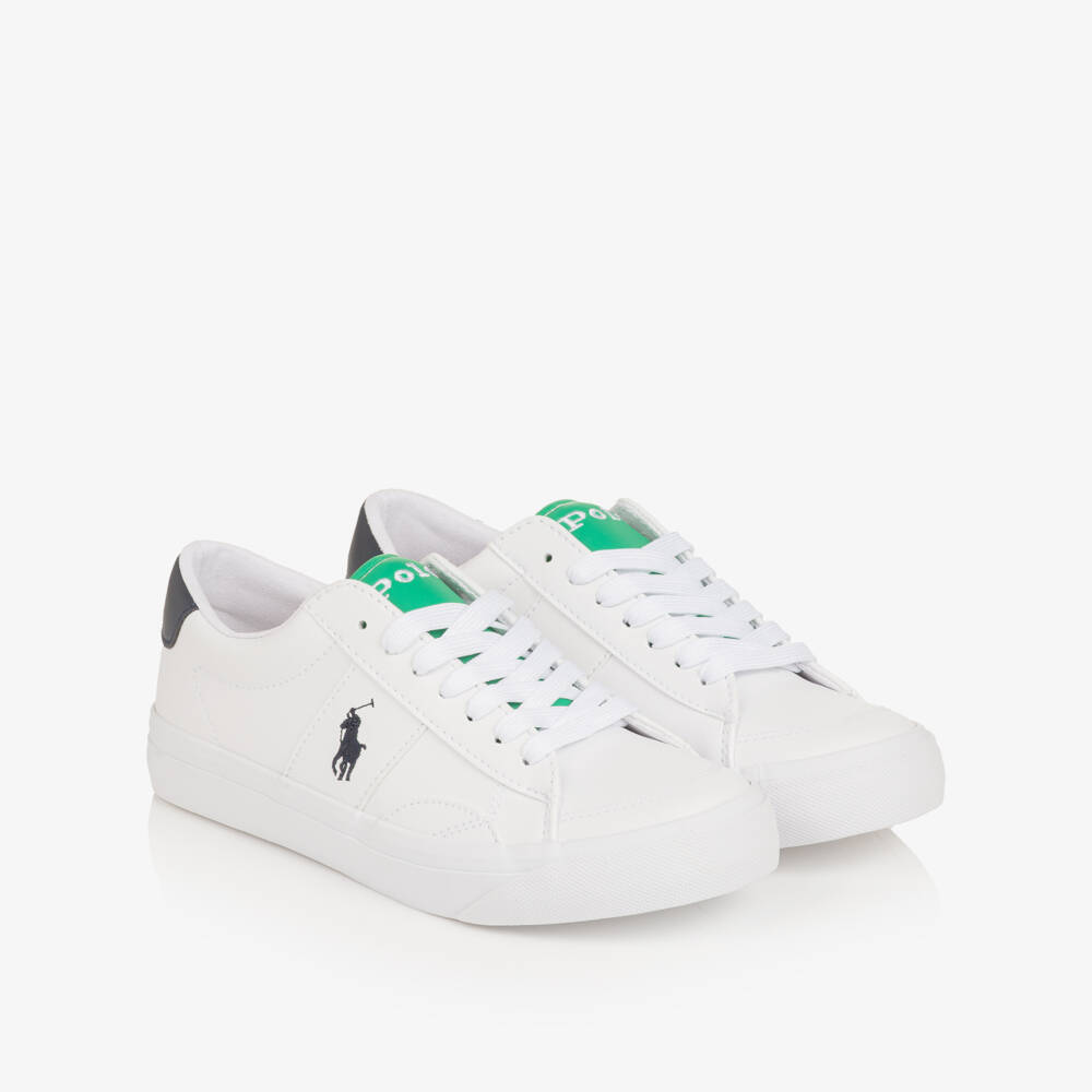 Ralph Lauren-Boys White & Green Faux Leather Lace-Up Trainers | Childrensalon