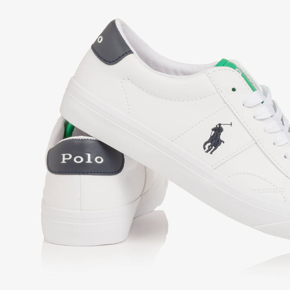 Ralph Lauren-Boys White & Green Faux Leather Lace-Up Trainers | Childrensalon