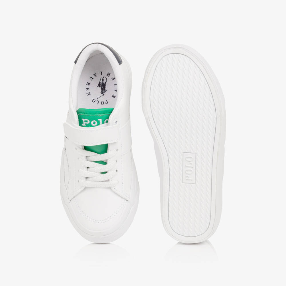 Ralph Lauren-Boys White & Green Faux Leather Velcro Trainers | Childrensalon