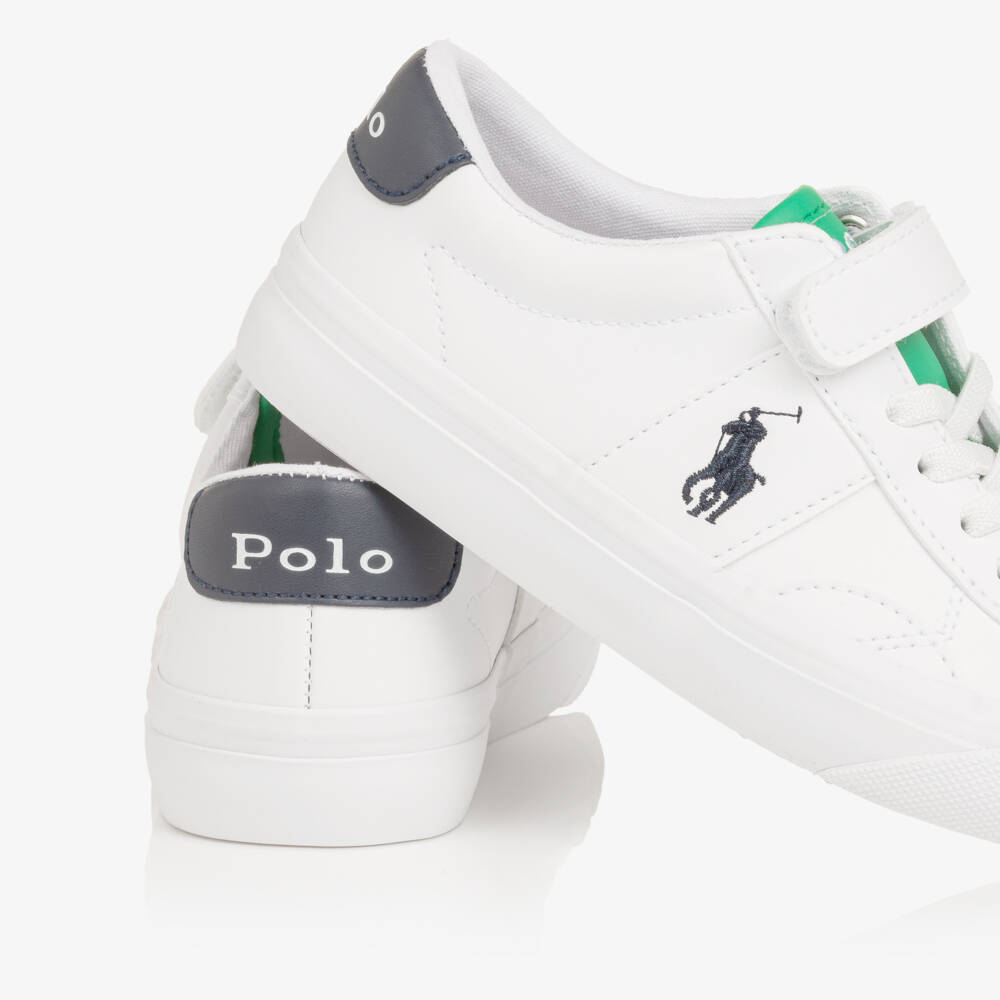 Ralph Lauren-Boys White & Green Faux Leather Velcro Trainers | Childrensalon