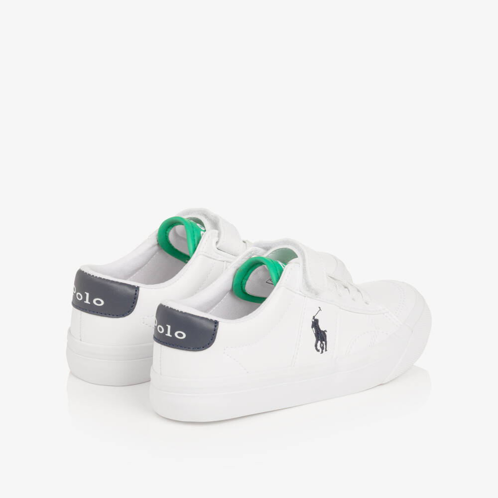 Ralph Lauren-Boys White & Green Faux Leather Velcro Trainers | Childrensalon