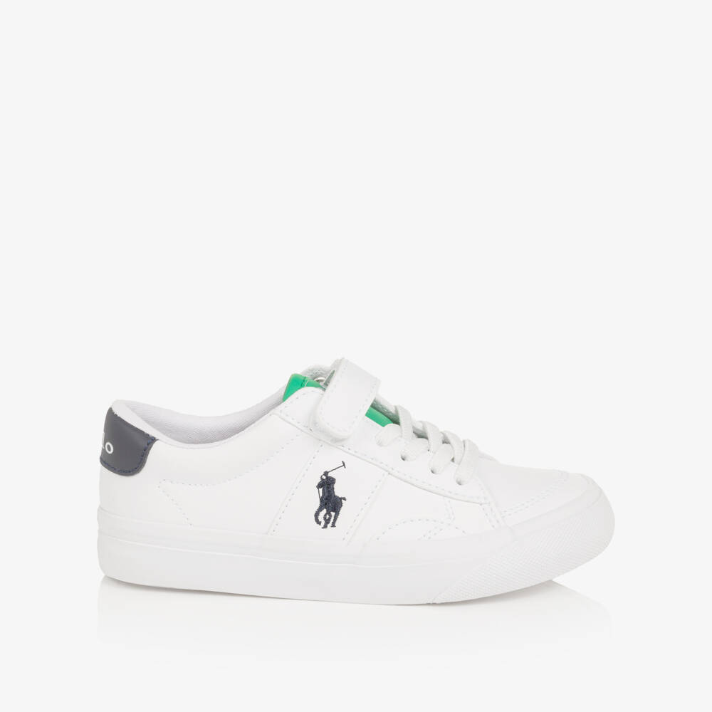 Ralph Lauren-Boys White & Green Faux Leather Velcro Trainers | Childrensalon