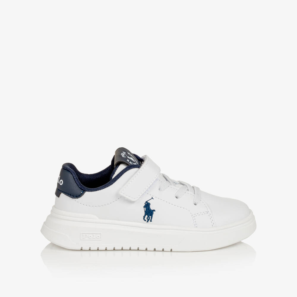 Ralph Lauren-Boys White Heritage Court Super Trainers in Faux Leather | Childrensalon