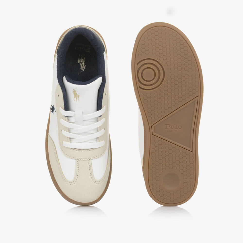 Ralph Lauren-Boys White Lace Up Trainers with Beige Trims & Pony Logo | Childrensalon