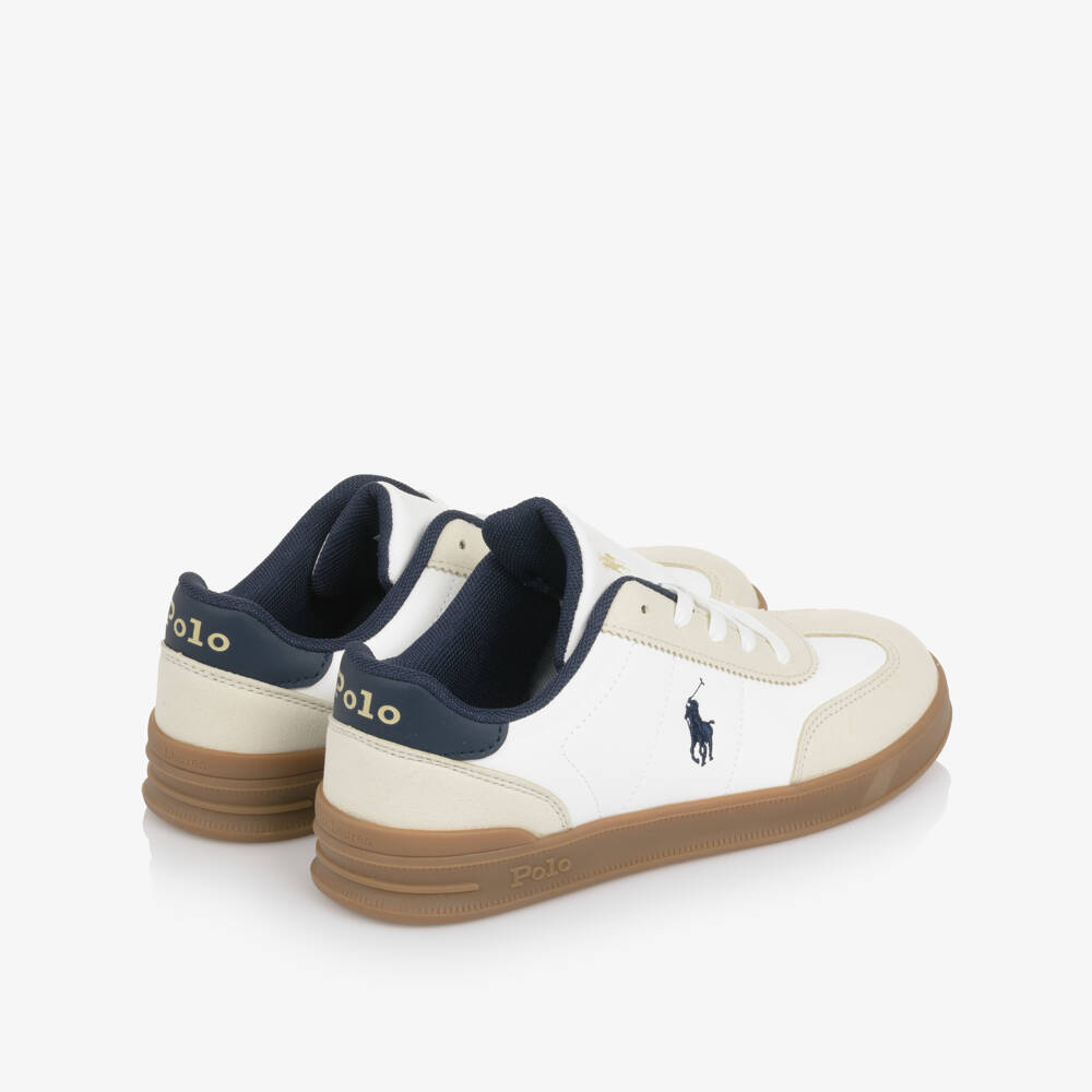 Ralph Lauren-Boys White Lace Up Trainers with Beige Trims & Pony Logo | Childrensalon