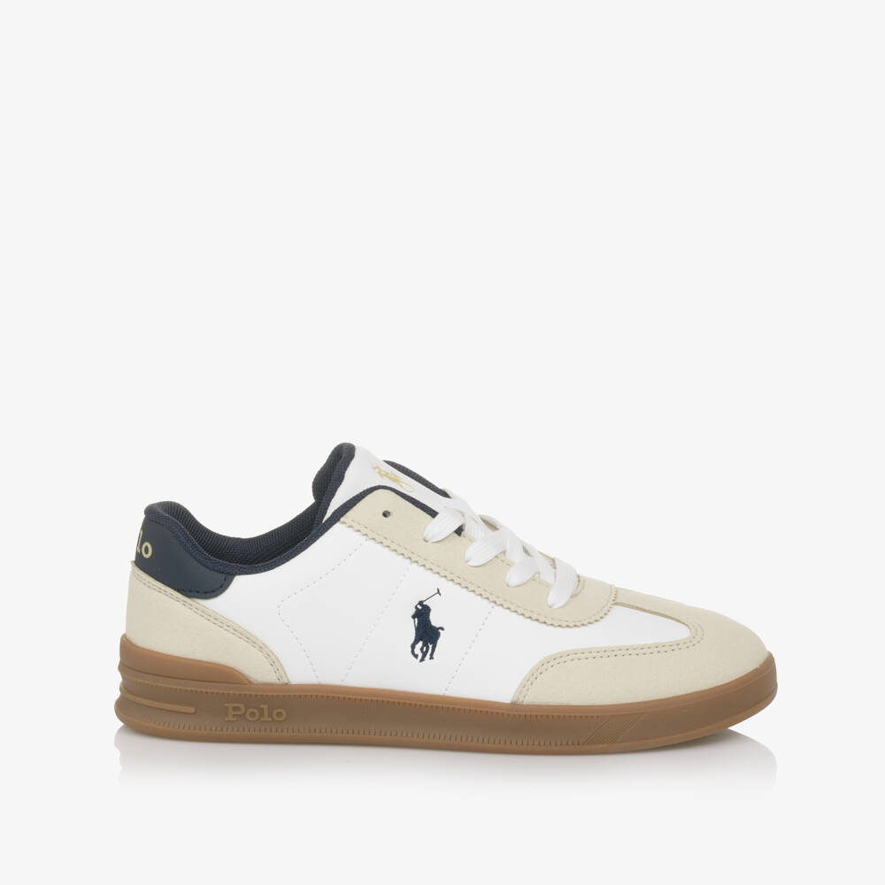 Ralph Lauren-Boys White Lace Up Trainers with Beige Trims & Pony Logo | Childrensalon