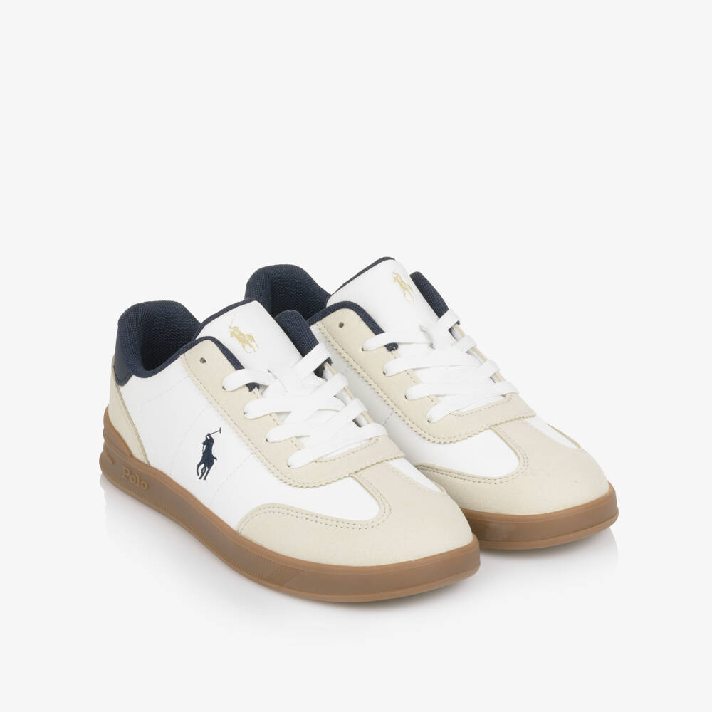 Ralph Lauren-Boys White Lace Up Trainers with Beige Trims & Pony Logo | Childrensalon