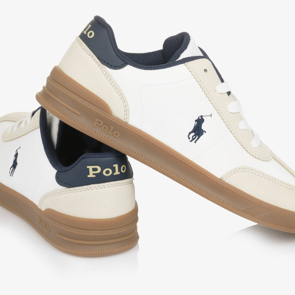 Ralph Lauren-Boys White Lace Up Trainers with Beige Trims & Pony Logo | Childrensalon