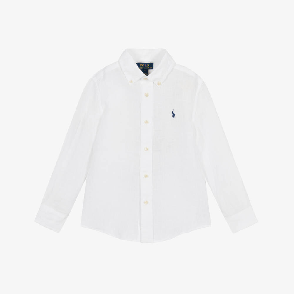Ralph Lauren-Boys White Linen Shirt with Navy Blue Pony Logo | Childrensalon