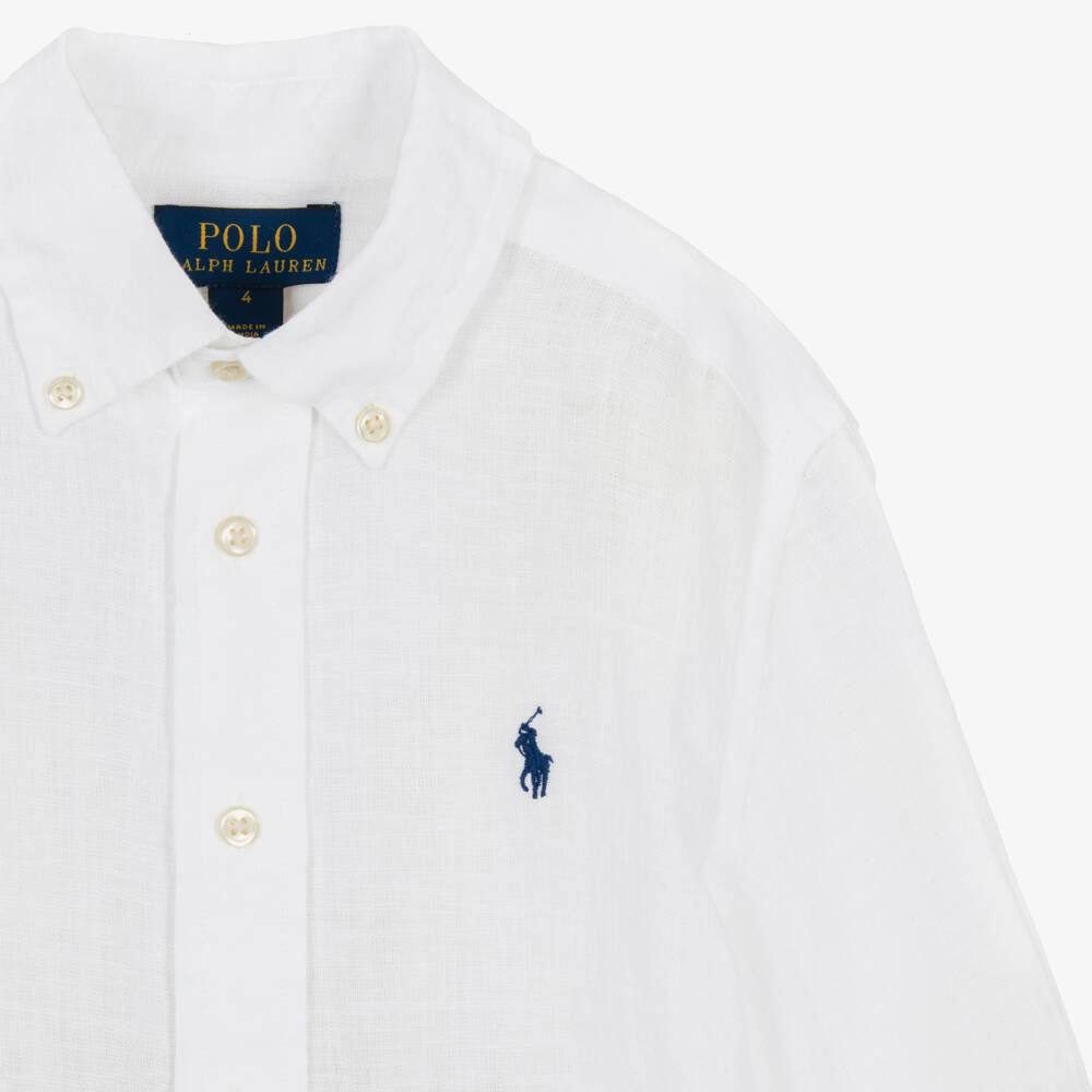 Ralph Lauren-Boys White Linen Shirt with Navy Blue Pony Logo | Childrensalon