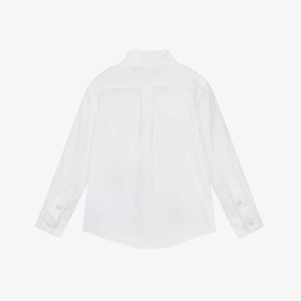 Ralph Lauren-Boys White Linen Shirt with Navy Blue Pony Logo | Childrensalon