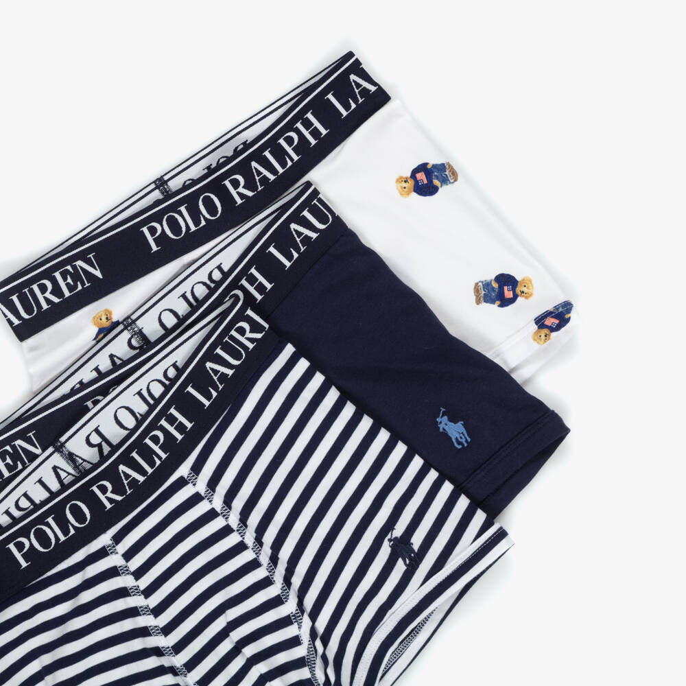 Ralph Lauren-Boys White & Navy Blue Cotton Boxer Shorts (3 Pack) | Childrensalon