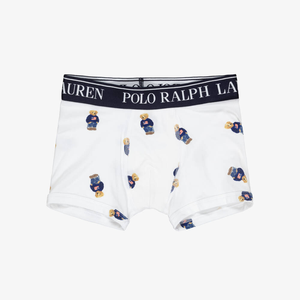 Ralph Lauren-Boys White & Navy Blue Cotton Boxer Shorts (3 Pack) | Childrensalon