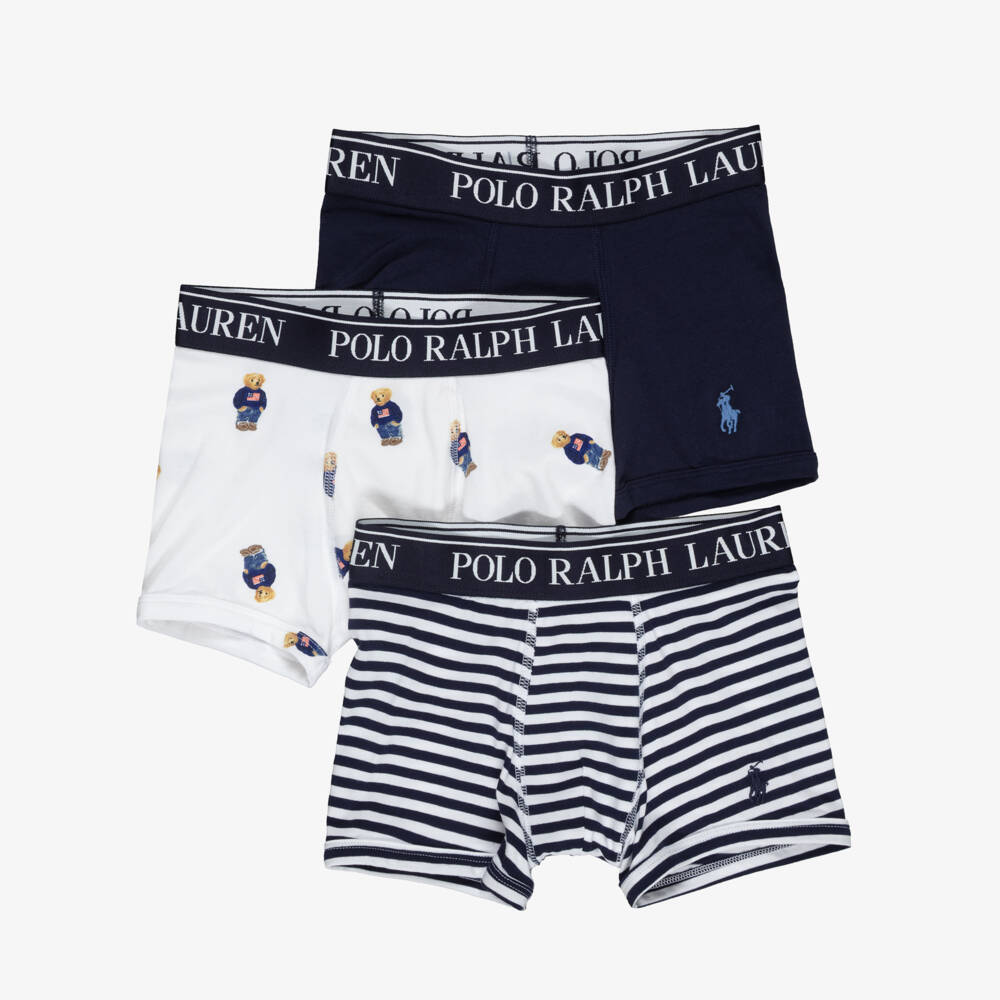 Ralph Lauren-Boys White & Navy Blue Cotton Boxer Shorts (3 Pack) | Childrensalon