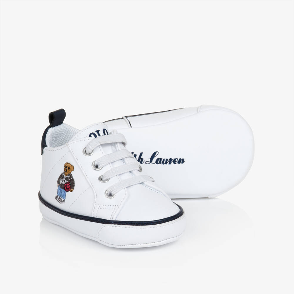 Ralph Lauren-Boys White Polo Bear Pre-Walker Trainers | Childrensalon