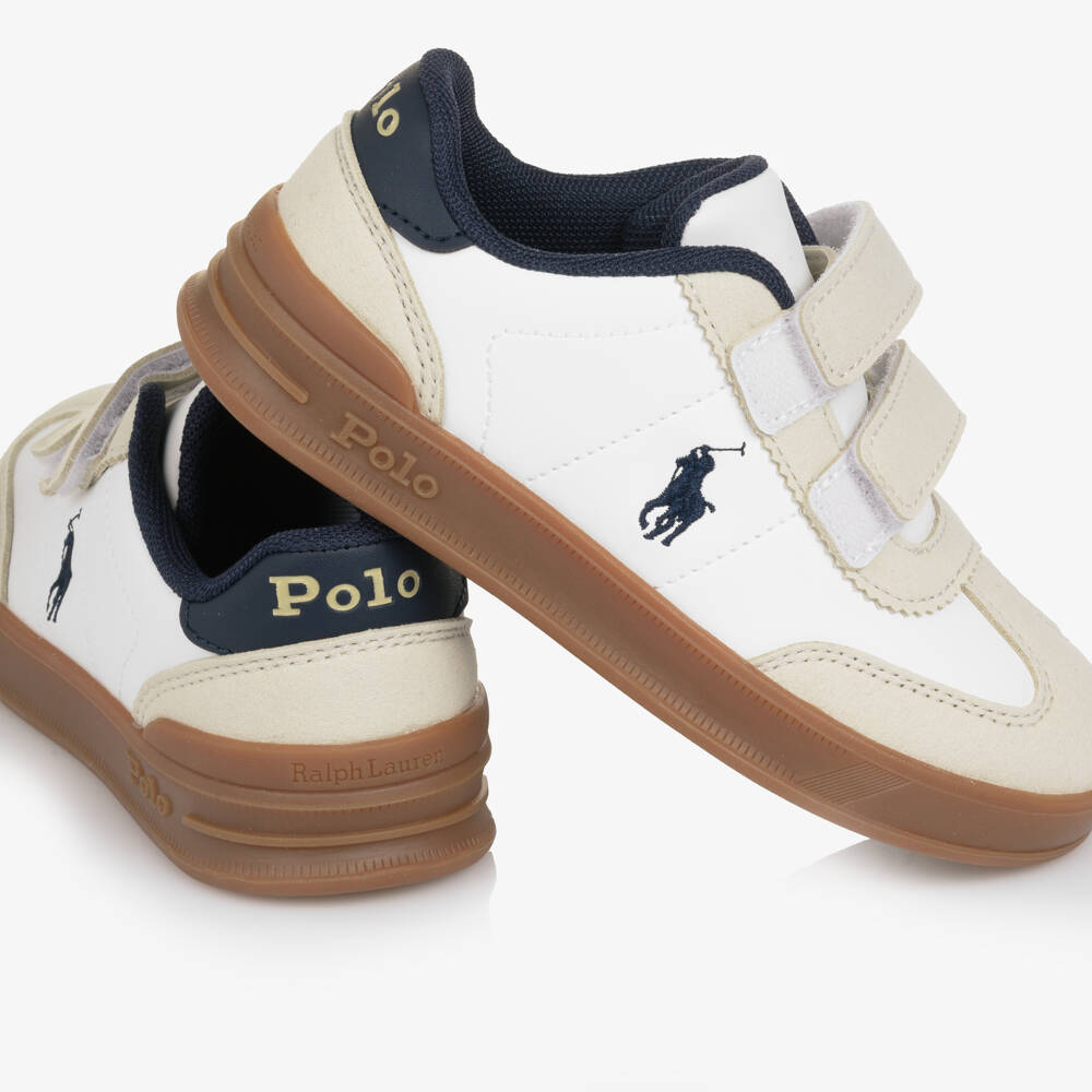 Ralph Lauren-Boys White Velcro Trainers with Beige Trims & Pony Logo | Childrensalon