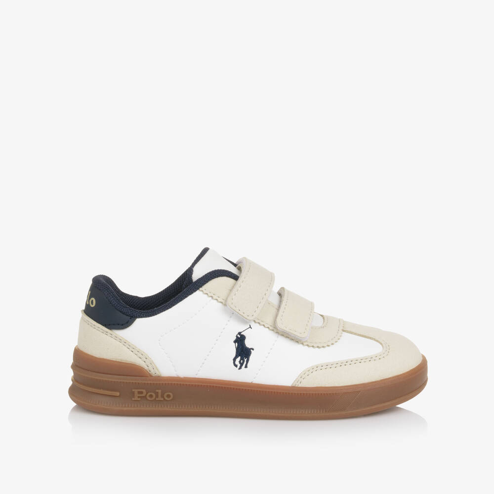 Ralph Lauren-Boys White Velcro Trainers with Beige Trims & Pony Logo | Childrensalon