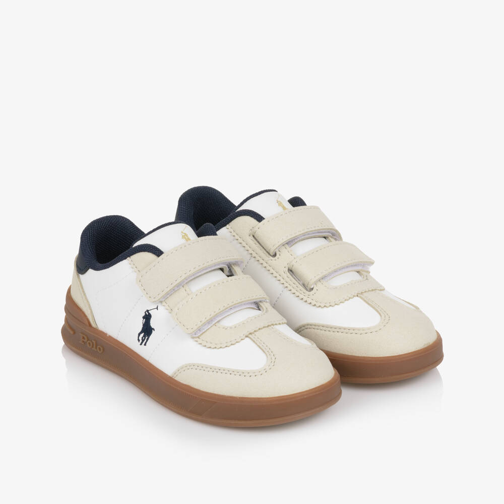 Ralph Lauren-Boys White Velcro Trainers with Beige Trims & Pony Logo | Childrensalon