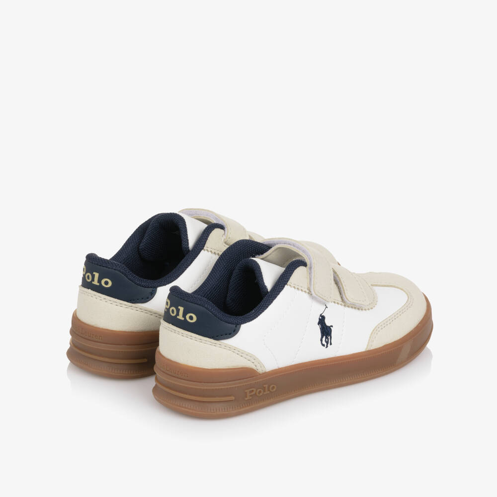 Ralph Lauren-Boys White Velcro Trainers with Beige Trims & Pony Logo | Childrensalon