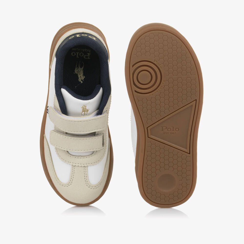 Ralph Lauren-Boys White Velcro Trainers with Beige Trims & Pony Logo | Childrensalon