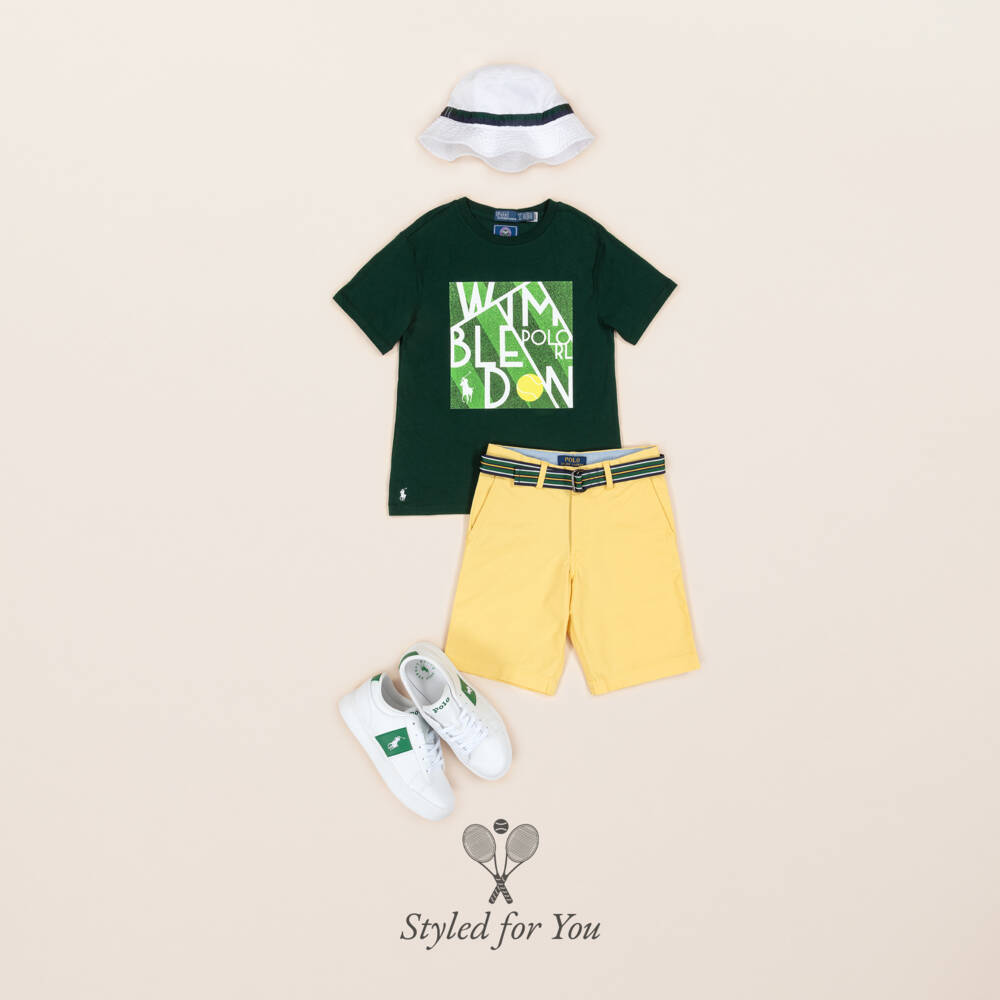 Ralph Lauren-Boys Yellow Cotton Chino Shorts with Green Webbed Belt | Childrensalon