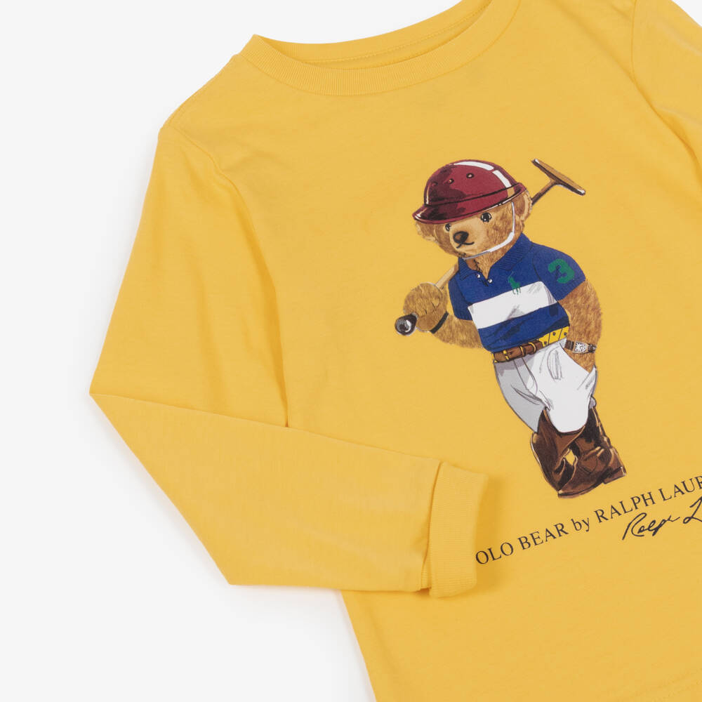 Ralph Lauren-Топ с длинными рукавами желтый хлопковый с мишкой Polo для мальчиков | Childrensalon